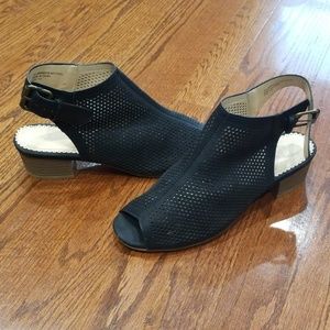 Black buckle, eyelet peep toe sandals